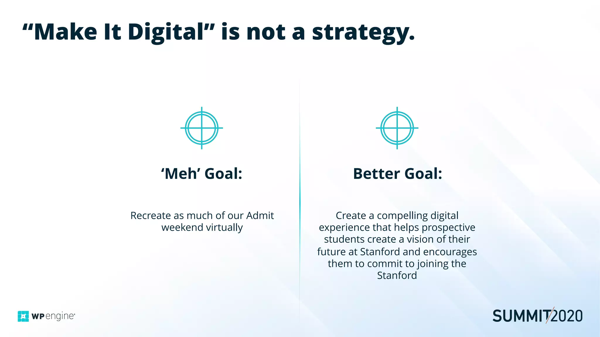 “Make It Digital” is not a strategy.
‘Meh’ Goal: Better Goal:
Recreate as much of our Admit
weekend virtually
Create a compelling digital
experience that helps prospective
students create a vision of their
future at Stanford and encourages
them to commit to joining the
Stanford
 