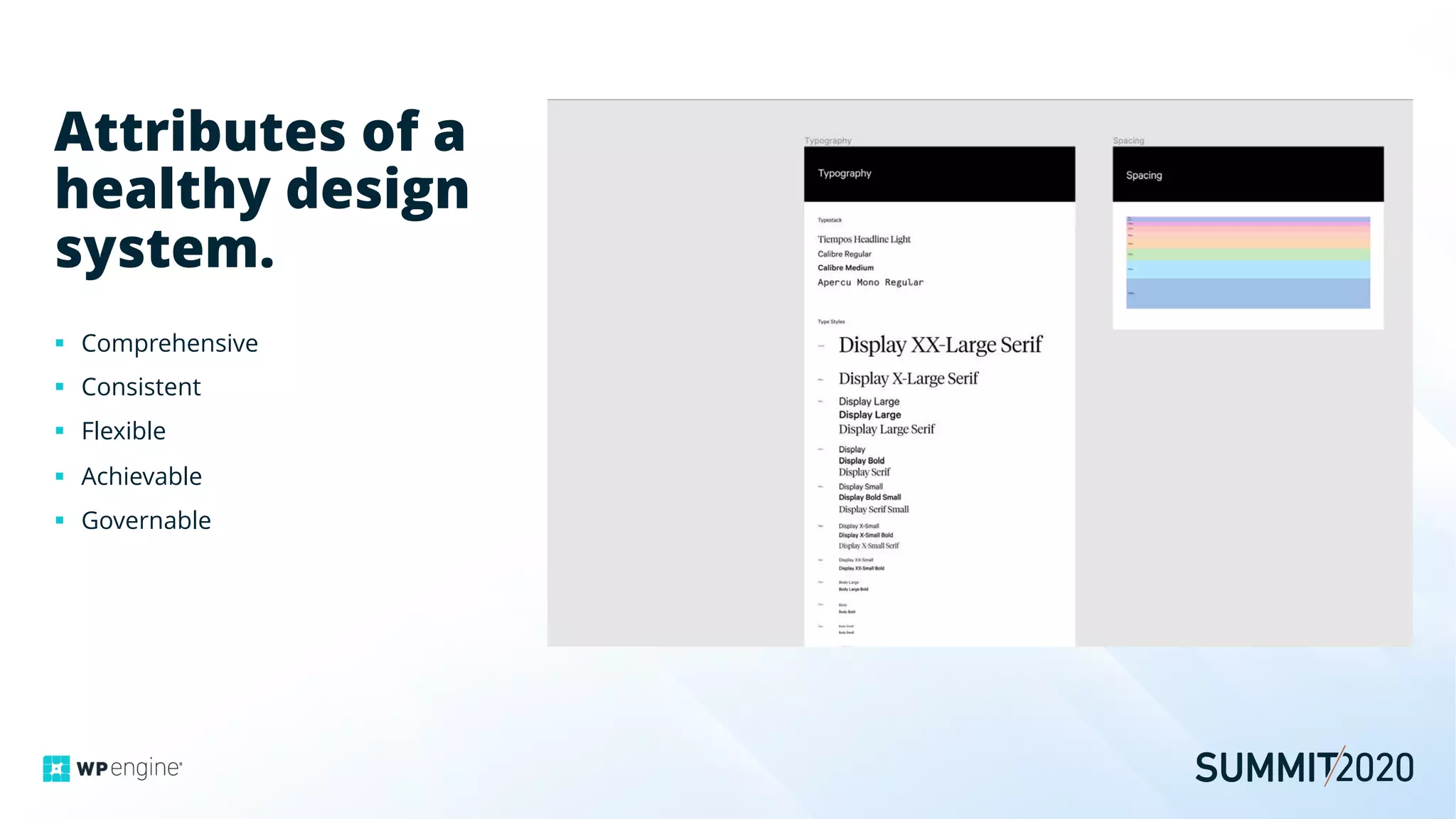 Attributes of a
healthy design
system.
§ Comprehensive
§ Consistent
§ Flexible
§ Achievable
§ Governable
 