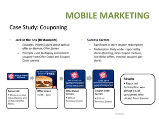 Jack in the Box (Restaurants) Educates, informs users about special offer on Banner, Offer Screen Prompts users to display and redeem coupon from Offer Detail and Coupon Code screens Success Factors Significant in store coupon redemption Redemption likely under-reported by stores (training, new coupon medium, low dollar offers, minimal coupons per store) Case Study: Couponing 01/05/11   Results    Reported Redemption was almost 5% of consumers who clicked from banner 01/05/11   Confidential MOBILE MARKETING 