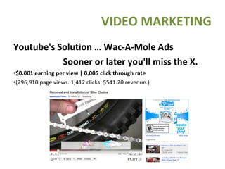 Youtube's Solution … Wac-A-Mole Ads Sooner or later you'll miss the X. $0.001 earning per view | 0.005 click through rate (296,910 page views. 1,412 clicks. $541.20 revenue.) VIDEO MARKETING 