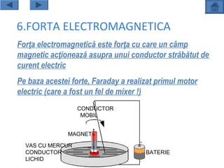 6.FORTA ELECTROMAGNETICA
Forţa electromagnetică este forţa cu care un câmp
magnetic acţionează asupra unui conductor străbătut de
curent electric
Pe baza acestei forte, Faraday a realizat primul motor
electric (care a fost un fel de mixer !)
                  CONDUCTOR
                   MOBIL


               MAGNET

  VAS CU MERCUR
  CONDUCTOR                           BATERIE
  LICHID
 