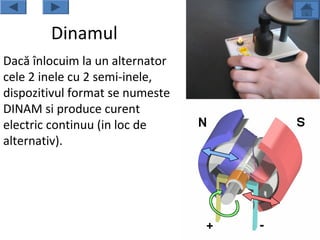 Dinamul
Dacă înlocuim la un alternator
cele 2 inele cu 2 semi-inele,
dispozitivul format se numeste
DINAM si produce curent
electric continuu (in loc de
alternativ).
 