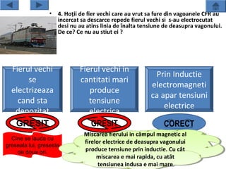 •   4. Hoţii de fier vechi care au vrut sa fure din vagoanele CFR au
                     incercat sa descarce repede fierul vechi si s-au electrocutat
                     desi nu au atins linia de înalta tensiune de deasupra vagonului.
                     De ce? Ce nu au stiut ei ?




  Fierul vechi               Fierul vechi in
                                                          Prin Inductie
       se                    cantitati mari
                                                         electromagneti
  electrizeaza                  produce
                                                         ca apar tensiuni
    cand sta                    tensiune
                                                             electrice
   depozitat                    electrica
   GRESIT                        GRESIT                       CORECT
                               Miscarea fierului in câmpul magnetic al
                               Miscarea fierului in câmpul magnetic al
  Cine se lauda cu
                               firelor electrice de deasupra vagonului
                                firelor electrice de deasupra vagonului
greseala lui, greseste
    de doua ori.               produce tensiune prin inductie. Cu cât
                                produce tensiune prin inductie. Cu cât
                                    miscarea e mai rapida, cu atât
                                     miscarea e mai rapida, cu atât
                                     tensiunea indusa e mai mare
                                      tensiunea indusa e mai mare
 