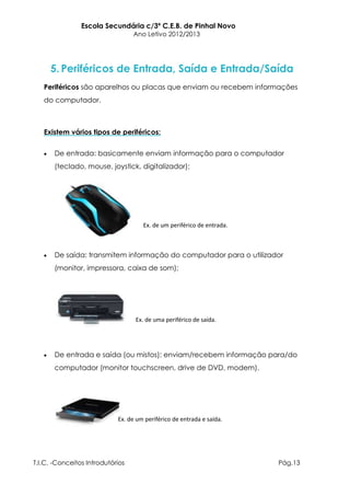 Escola Secundária c/3º C.E.B. de Pinhal Novo
                                  Ano Letivo 2012/2013




     5. Periféricos de Entrada, Saída e Entrada/Saída
   Periféricos são aparelhos ou placas que enviam ou recebem informações
   do computador.



   Existem vários tipos de periféricos:


       De entrada: basicamente enviam informação para o computador
       (teclado, mouse, joystick, digitalizador);




                                     Ex. de um periférico de entrada.



       De saída: transmitem informação do computador para o utilizador
       (monitor, impressora, caixa de som);




                                  Ex. de uma periférico de saída.




       De entrada e saída (ou mistos): enviam/recebem informação para/do
       computador (monitor touchscreen, drive de DVD, modem).




                            Ex. de um periférico de entrada e saída.




T.I.C. -Conceitos Introdutórios                                         Pág.13
 