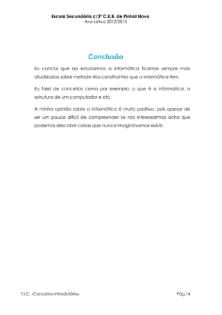 Escola Secundária c/3º C.E.B. de Pinhal Novo
                                  Ano Letivo 2012/2013




                                   Conclusão
       Eu concluí que ao estudarmos a informática ficamos sempre mais
       atualizados sobre metade dos constituintes que a informática tem.

       Eu falei de conceitos como por exemplo: o que é a informática, a
       estrutura de um computador e etc.

       A minha opinião sobre a informática é muito positiva, pois apesar de
       ser um pouco difícil de compreender se nos interessarmos acho que
       podemos descobrir coisas que nunca imaginávamos existir.




T.I.C. -Conceitos Introdutórios                                       Pág.14
 