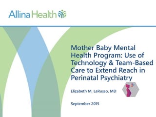 Mother Baby Mental
Health Program: Use of
Technology & Team-Based
Care to Extend Reach in
Perinatal Psychiatry
Elizabeth M. LaRusso, MD
September 2015
 