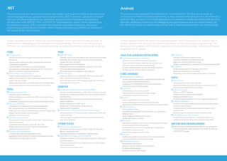 .NET	
This practical course is aimed at developers who rapidly need to gain the skills to develop robust
commercial applications, using the latest features of the .NET framework. Database-connected
web and rich client applications are assembled, using the Entity Framework to implement
the data layer with ASP.NET MVC and WPF for the presentation layers. Other topics include
the collections classes, LINQ, test driven development, dependency injection, concurrent
programming and distributed revision control. Design principles and patterns are discussed in
the context of the various topics.
Create a bespoke course by ticking the required sections. We’d recommend 5 days to cover all
these sections, depending on the attendees’ existing knowledge. The fee for on-site training is
£975 per day, regardless of the numbers attending, including all expenses and the use of laptops.
Fundamentals
Overview of the Common Language Runtime and the framework’s
class libraries
Defining a class comprising variables, properties and methods and
understanding encapsulation
Class instantiation, constructors and method overloading
Language basics including built-in data types, structs, enumerations,
operators, conversion, casting and autoboxing
Class Design and Inheritance
Unified Modelling Language (UML) class diagrams
Building derived classes, overriding methods and comparing reference
equality with value equality
Understandingpolymorphismandinterfacesandwhentouseabstractclasses
Handling Exceptions and writing methods that throw exceptions
CORE
Collections and LINQ
Using Lists, Sets and Dictionaries
Defining predicates and projections with LINQ, using method syntax
and query syntax
Understanding delegates, anonymous methods and extension methods
SQL and databases
Using SQL to create tables and insert, update and delete data
SQL functions, groups, joins, views and stored procedures
Reading from and writing to a database using an ADO.NET data provider
Garbage collection, finalizers and using blocks
Pessimistic concurrency control
The Entity Framework
Mapping classes to database tables with the Entity Framework, using
code first development
Conventions and configuration of the entity data model
Writing methods to retrieve, insert, update and delete entities
Optimistic concurrency control
Streams and Serialisation
Connecting files to decorator and adapter streams
Reading and writing characters to a stream; compressing bytes with a
Deflate Stream; persisting objects as XML
DATA
ASP.NET MVC
Controllers, actions and routing; defining views using the Razor view engine
Scaffolding, forms, HTML helpers and model binding; partial page
updates with AJAX and jQuery
State management and the Global class
Building an ecommerce type application, connecting to the Entity
Framework data model built previously
Web application security; deploying a web application
Web Services
Deploying a REST service using the Web API that responds to GET,
POST, UPDATE and DELETE HTTP methods
Testing the service with an HTTP debugging application; connecting a
client application to the service
WEB
Windows Presentation Foundation (WPF)
Overview of desktop applications, XAML controls and layout managers
Building a user interface using XAML mark-up and handling events in a
code-behind class
Building composite components and formatting components using
resources and styles
Binding a data source to a WPF control
Reading from an XML feed into a Flow document
Deploying a WPF application
Concurrent and Asynchronous Programming
Compute bound and I/O bound operations; starting a new thread; tasks
and the thread pool
Using an a waiter to avoid blocking a thread; declaring and invoking
asynchronous methods
DESKTOP
Test-driven development
Writing unit tests with “arrange, act, assert” phases; the “Red, Green,
Refactor” development cycle
Interactions testing with the Moq library; integration testing
Distributed revision control with Git
Initializing a repository and cloning an existing repository; indexing and
committing changes
Viewing the commit history and comparing versions of a file; creating
and merging branches
Pushing a branch to a remote server
OTHER TOOLS
Android
This course covers application development for Android devices. The first day provides an
introduction to object-oriented programming in Java, concentrating on topics that are relevant to
Android. Next, a number of Android applications are assembled, combining theory with practical
exercises, deploying monitoring and debugging the applications on real and virtual devices. By
the end of the course, we expect students to be able to build and deploy their own Android apps.
Create a bespoke course by ticking the required sections. We’d recommend 3 to 4 days if you’re
already familiar with Java, or 4 to 5 days to include an introduction to Java programming. The
fee for on-site training is £975 per day, regardless of the numbers attending, including all expens-
es and the use of laptops
Java Programming for Android
Introduction to the IntelliJ development environment
Classes and objects, including fields, methods and constructors
Inheritance, method overriding and polymorphism
Exception handling including throwing and catching exceptions
Interfaces, generics and the collections framework
JAVA FOR ANDROID DEVELOPERS
Introduction to Android
Versions, devices and architecture; using Android Developer Tools
and configuring an Android Virtual Device
Anatomy of an Android application; overview of application
components, resources and the manifest
Activities
Understanding the life cycle of an activity
Overriding callback methods and using the Log class
The back stack and saving instance state
Intents
Using an explicit Intent to start an activity
Understanding implicit intents and declaring intent filters
Starting built in activities including contacts, web browser and phone dialler
User Interfaces
Views and View Groups
Using XML layouts to define the visual structure for a user interface
Handling events
Using an Adapter to bind data to a List View
Handling selections in a List View
Resources
Externalising application resources such as strings, layouts and images
Accessing resources from code and XML
Providing alternative resources for specific device configurations
Assembling and inflating a menu
Defining and applying Styles and Themes
Services
Building and controlling a service that performs a background task
Comparing the Service and Intent Service classes
Broadcast Receivers
Broadcasting an Intent object
Building an app that receives the above broadcast
Receiving system broadcasts
Sending and receiving SMS messages
CORE ANDROID
File streams
Using Shared Preferences to store user data
Reading and writing from Internal Storage and using raw resources
Using external storage and setting permissions
Using a database
Setting up a SQLITE database
Writing methods to interact with the database
Displaying a result set as a list
Writing an app that enables users to insert, update and delete records
Content Providers
Content Provider basics; building an app that retrieves contact details
from the Contacts Provider
Creating a Content Provider, using the database configured in the
previous section
Building an app that connects to the above content provider
Networking and web services
Streaming files from a web server; connecting to a network in a
background thread; interacting with a web service using JSON
DATA
Using Microsoft Visual Studio to build a REST service, connected to
a SQLServer database, which responds to GET, POST, UPDATE and
DELETE HTTP requests
SERVER-SIDE PROGRAMMING
Fragments
Overview of Fragments and their life cycle
Declaring a fragment in an activity’s layout file
Adding and removing fragments at runtime
Building a fragment based app, customised for both smart phones and tablets
Graphics
Drawing shapes, images and text onto a custom View
Building the graphical part of a chess app
Responding to touch events, enabling moving pieces on the board
 