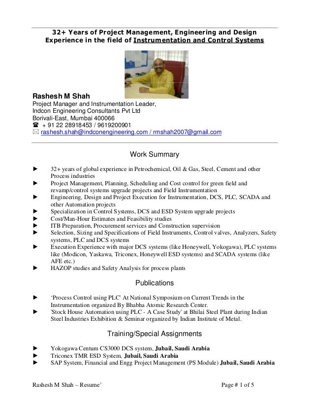 cv of instrumentation consultant rashesh shah 32 years instrumentation project engineer resume
