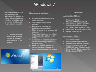 Windows 7
El 13 de octubre de 2008
fue anunciado que
«Windows 7», además de
haber sido uno de tantos
nombres en código, sería
el nombre oficial de este
nuevo sistema operativo.
El 2 de junio Microsoft
anunció que la salida
mundial de Windows 7
tendría lugar el 22 de
octubre.
Nuevas características:
• Reconocimiento de escritura a
mano mejorado.
• Soporte para discos duros
virtuales.
• Rendimiento mejorado en
procesadores multinúcleo.
• Mejor rendimiento de arranque del
sistema.
• Soporte para sistemas que utilizan
múltiples tarjetas gráficas (multi-
GPU).
• Ampliación de funciones y rediseño
de la Calculadora (Estadística y
Programación).
• Modo XP: permite ejecutar un
equipo virtual Windows XP de
forma transparente para el usuario.
Requisitos:
Arquitectura 32 bits:
• Procesador 1 GHz
• Memoria RAM 1 GB de RAM
• Dispositivo de gráficos DirectX 9
con soporte de controladores
WDDM 1.0 (para Windows Aero)
• Disco duro 16 GB de espacio libre
• Unidad óptica DVD-R
Arquitectura 64 bits:
• Procesador 1 GHz
• Memoria RAM 2 GB de RAM
• Dispositivo de gráficos DirectX 9
con soporte de controladores
WDDM 1.0 (para Windows Aero)
• Disco duro 20 GB de espacio libre
• Unidad óptica DVD-R
 