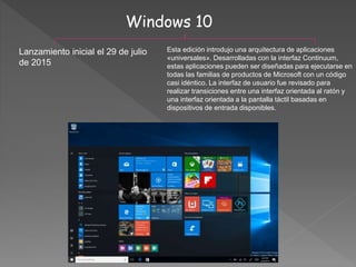 Windows 10
Lanzamiento inicial el 29 de julio
de 2015
Esta edición introdujo una arquitectura de aplicaciones
«universales». Desarrolladas con la interfaz Continuum,
estas aplicaciones pueden ser diseñadas para ejecutarse en
todas las familias de productos de Microsoft con un código
casi idéntico. La interfaz de usuario fue revisado para
realizar transiciones entre una interfaz orientada al ratón y
una interfaz orientada a la pantalla táctil basadas en
dispositivos de entrada disponibles.
 