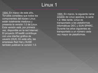 Linux 1
1995: En marzo, la siguiente rama
estable de Linux aparece, la serie
1.2. Más tarde, Linux es
transportado a las plataformas
informáticas DEC y SUN SPARC.
Durante los años siguientes es
transportado a un número cada
vez mayor de plataformas.
1994: En marzo de este año,
Torvalds considera que todos los
componentes del núcleo Linux
están totalmente maduros y
presenta la versión 1.0 de Linux.
Esta versión está, por primera
vez, disponible en la red Internet.
El proyecto XFree86 contribuye
con una interfaz gráfica de
usuario (GUI). En este año, las
empresas Red Hat y SUSE
también publican la versión 1.0.
 