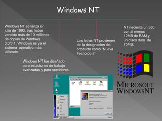 Windows NT
Windows NT se lanza en
julio de 1993, tras haber
vendido más de 10 millones
de copias de Windows
3.0/3.1, Windows es ya el
sistema operativo más
utilizado.
Windows NT fue diseñado
para estaciones de trabajo
avanzadas y para servidores.
Las letras NT provienen
de la designación del
producto como “Nueva
Tecnología”
NT necesita un 386
con al menos
12MB de RAM y
un disco duro de
75MB.
 