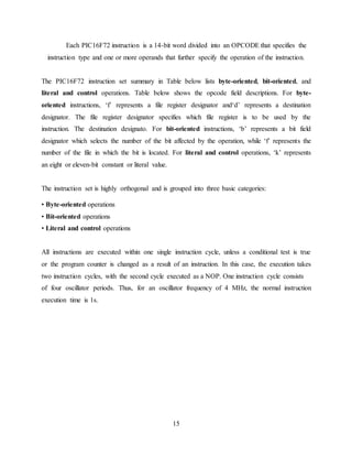 15
Each PIC16F72 instruction is a 14-bit word divided into an OPCODE that specifies the
instruction type and one or more operands that further specify the operation of the instruction.
The PIC16F72 instruction set summary in Table below lists byte-oriented, bit-oriented, and
literal and control operations. Table below shows the opcode field descriptions. For byte-
oriented instructions, ‘f’ represents a file register designator and‘d’ represents a destination
designator. The file register designator specifies which file register is to be used by the
instruction. The destination designato. For bit-oriented instructions, ‘b’ represents a bit field
designator which selects the number of the bit affected by the operation, while ‘f’ represents the
number of the file in which the bit is located. For literal and control operations, ‘k’ represents
an eight or eleven-bit constant or literal value.
The instruction set is highly orthogonal and is grouped into three basic categories:
• Byte-oriented operations
• Bit-oriented operations
• Literal and control operations
All instructions are executed within one single instruction cycle, unless a conditional test is true
or the program counter is changed as a result of an instruction. In this case, the execution takes
two instruction cycles, with the second cycle executed as a NOP. One instruction cycle consists
of four oscillator periods. Thus, for an oscillator frequency of 4 MHz, the normal instruction
execution time is 1s.
 