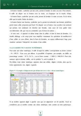 9
– le bouton Annuler, symbolisé par une croix, permet d’annuler la saisie en cours. Pour annuler,
il suffit de cliquer sur ce bouton avec la souris, ou d’appuyer sur la touche Echap.
– le bouton Entrer, symbolisé par une coche, permet de terminer la saisie en cours. Il a le même
effet que la touche Entrée du clavier ;
– le bouton Insérer une fonction, symbolisé par fx, permet de rechercher une formule prédéfinie
parmi toutes celles proposées par Excel. En cliquant sur ce bouton, vous accédez à un assistant
qui permet, non seulement de chercher une formule, mais aussi de vous guider dans
son élaboration afin que vous ne commettiez pas d’erreur de syntaxe ;
– le texte saisi : il apparait en même temps dans la cellule et dans la barre de formules. Ce
double affichage a été conçu pour vous simplifier notamment les opérations de modification
d’une cellule en vous offrant, dans la barre de formules, un espace suffisamment large pour
visualiser aisément l’intégralité du contenu d’une cellule.
3.1.2.1 SAISIR UNE VALEUR NUMÉRIQUE
Pour saisir une valeur numérique, il suffit de taper les chiffres correspondant au clavier comme
: 10 ; 100,25... Vous avez, par ailleurs, la possibilité d’exprimer, par exemple, un chiffre en
pourcentage comme : 10 %, 5,6 %..., ou en Euros comme : 1 000 €, 1 000,50 €. Pour cela,
saisissez après le dernier chiffre, soit le symbole %, soit le symbole €.
Par défaut, toute valeur numérique apparait, dans une cellule, alignée à droite, alors que les
textes apparaissent, eux, alignes à gauche.
Figure 9 : Exemples d’alignements par défaut du texte et des valeurs numériques
Si un nombre apparait aligné à gauche sans que cet alignement ait été spécifié, Excel ne
considèrera pas ce nombre comme une valeur numérique mais comme un texte quelconque.
 