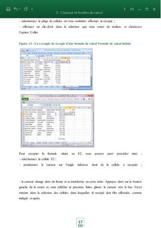 17
– sélectionnez la plage de cellules où vous souhaitez effectuer la recopie ;
– effectuez un clic-droit dans la sélection que vous venez de réaliser, et choisissez
l’option Coller.
Figure 14 : Un exemple de recopie d’une formule de calcul Formule de calcul initiale
Pour recopier la formule située en E2, vous pouvez aussi procédez ainsi :
– sélectionnez la cellule E2 ;
– positionnez le curseur sur l’angle inferieur droit de la cellule à recopier ;
– le curseur change alors de forme et se transforme en croix noire. Appuyez alors sur le bouton
gauche de la souris et, sans relâcher la pression, faites glisser le curseur vers le bas. Excel
entoure alors la sélection des cellules dans lesquelles la recopie doit être effectuée, comme
indiqué ci-après.
 