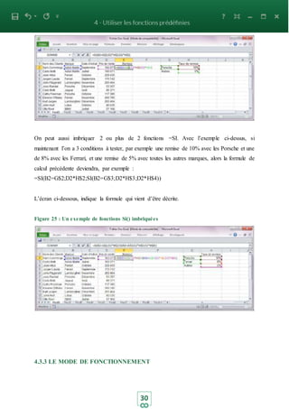 30
On peut aussi imbriquer 2 ou plus de 2 fonctions =SI. Avec l’exemple ci-dessus, si
maintenant l’on a 3 conditions à tester, par exemple une remise de 10% avec les Porsche et une
de 8% avec les Ferrari, et une remise de 5% avec toutes les autres marques, alors la formule de
calcul précédente deviendra, par exemple :
=SI(B2=G$2;D2*H$2;SI(B2=G$3;D2*H$3;D2*H$4))
L’écran ci-dessous, indique la formule qui vient d’être décrite.
Figure 25 : Un exemple de fonctions Si() imbriquées
4.3.3 LE MODE DE FONCTIONNEMENT
 