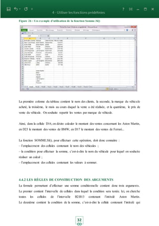 32
Figure 26 : Un exemple d’utilisation de la fonction Somme.Si()
La première colonne du tableau contient le nom des clients, la seconde, la marque du véhicule
acheté, la troisième, le mois au cours duquel la vente a été réalisée, et la quatrième, le prix de
vente du véhicule. On souhaite repartir les ventes par marque de véhicule.
Ainsi, dans la cellule D16, on désire calculer le montant des ventes concernant les Aston Martin,
en D23 le montant des ventes de BMW, en D17 le montant des ventes de Ferrari...
La fonction SOMME.SI(), pour effectuer cette opération, doit donc connaitre :
– l’emplacement des cellules contenant le nom des véhicules ;
– la condition pour effectuer la somme, c’est-à-dire le nom du véhicule pour lequel on souhaite
réaliser un calcul ;
– l’emplacement des cellules contenant les valeurs à sommer.
4.4.2 LES RÈGLES DE CONSTRUCTION DES ARGUMENTS
La formule permettant d’effectuer une somme conditionnelle contient donc trois arguments.
Le premier contient l’intervalle de cellules dans lequel la condition sera testée. Ici, on cherche
toutes les cellules de l’intervalle B2:B13 contenant l’intitulé Aston Martin.
Le deuxième contient la condition de la somme, c’est-à-dire la cellule contenant l’intitulé qui
 