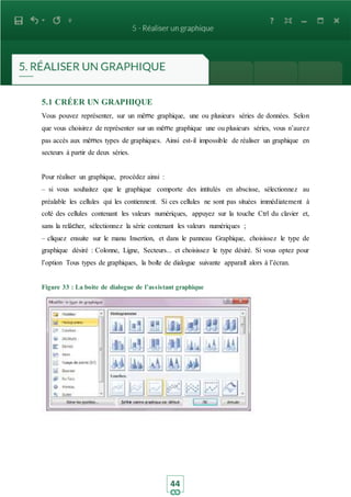 44
5.1 CRÉER UN GRAPHIQUE
Vous pouvez représenter, sur un même graphique, une ou plusieurs séries de données. Selon
que vous choisirez de représenter sur un même graphique une ou plusieurs séries, vous n’aurez
pas accès aux mêmes types de graphiques. Ainsi est-il impossible de réaliser un graphique en
secteurs à partir de deux séries.
Pour réaliser un graphique, procédez ainsi :
– si vous souhaitez que le graphique comporte des intitulés en abscisse, sélectionnez au
préalable les cellules qui les contiennent. Si ces cellules ne sont pas situées immédiatement à
coté des cellules contenant les valeurs numériques, appuyez sur la touche Ctrl du clavier et,
sans la relâcher, sélectionnez la série contenant les valeurs numériques ;
– cliquez ensuite sur le manu Insertion, et dans le panneau Graphique, choisissez le type de
graphique désiré : Colonne, Ligne, Secteurs... et choisissez le type désiré. Si vous optez pour
l’option Tous types de graphiques, la boite de dialogue suivante apparait alors à l’écran.
Figure 33 : La boite de dialogue de l’assistant graphique
 