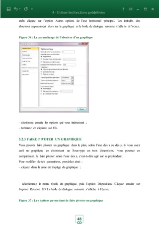 48
enfin cliquez sur l’option Autres options de l’axe horizontal principal. Les intitulés des
abscisses apparaissent alors sur le graphique et la boite de dialogue suivante s’affiche à l’écran.
Figure 36 : Le paramétrage de l’abscisse d’un graphique
– choisissez ensuite les options qui vous intéressent ;
– terminez en cliquant sur Ok.
5.2.3 FAIRE PIVOTER UN GRAPHIQUE
Vous pouvez faire pivoter un graphique dans le plan, selon l’axe des x ou des y. Si vous avez
créé un graphique en choisissant un Sous-type en trois dimensions, vous pourrez en
complément, le faire pivoter selon l’axe des z, c’est-à-dire agir sur sa profondeur.
Pour modifier de tels paramètres, procédez ainsi :
– cliquez dans la zone de traçage du graphique ;
– sélectionnez le menu Outils de graphique, puis l’option Disposition. Cliquez ensuite sur
l’option Rotation 3D. La boite de dialogue suivante s’affiche à l’écran.
Figure 37 : Les options permettant de faire pivoter un graphique
 