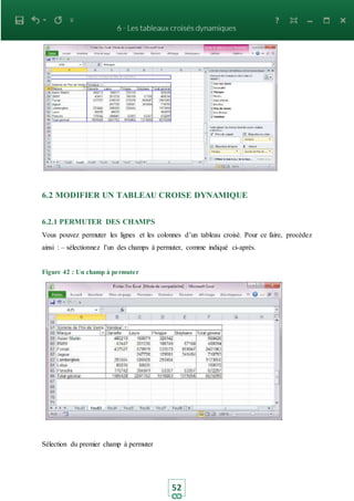 52
6.2 MODIFIER UN TABLEAU CROISE DYNAMIQUE
6.2.1 PERMUTER DES CHAMPS
Vous pouvez permuter les lignes et les colonnes d’un tableau croisé. Pour ce faire, procédez
ainsi : – sélectionnez l’un des champs à permuter, comme indiqué ci-après.
Figure 42 : Un champ à permuter
Sélection du premier champ à permuter
 