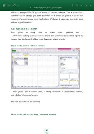 55
tableau occupera par défaut 14 lignes en hauteur et 7 colonnes en largeur. Vous ne pourrez donc
supprimer tous les champs qu’à partir du moment où le tableau en question n’est pas trop
rapproché d’un autre tableau, sinon Excel refusera d’effectuer la suppression pour éviter deux
tableaux ne se chevauchent.
6.2.3 AJOUTER UN CHAMP
Pour ajouter un champ dans un tableau croisé, procédez ainsi :
– sélectionnez le champ que vous souhaitez insérer dans un tableau croisé existant à partir du
panneau Liste de champs de tableau croisé dynamique indiqué ci-après.
Figure 47 : Le panneau « Liste de champs »
– faites glisser, dans le tableau croisé, le champ sélectionné à l’emplacement souhaité,
puis relâchez le bouton de la souris.
Effectuez un double-clic sur ce champ
Figure 48 : Un tableau croisé avant l’insertion d’un champ
 