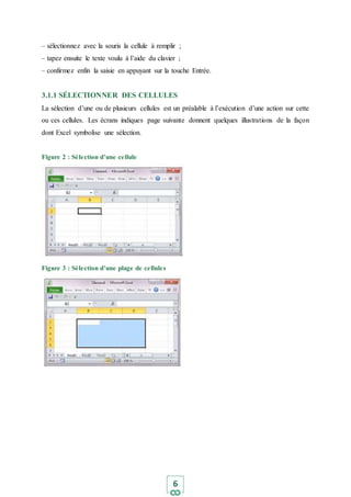 6
– sélectionnez avec la souris la cellule à remplir ;
– tapez ensuite le texte voulu à l’aide du clavier ;
– confirmez enfin la saisie en appuyant sur la touche Entrée.
3.1.1 SÉLECTIONNER DES CELLULES
La sélection d’une ou de plusieurs cellules est un préalable à l’exécution d’une action sur cette
ou ces cellules. Les écrans indiques page suivante donnent quelques illustrations de la façon
dont Excel symbolise une sélection.
Figure 2 : Sélection d’une cellule
Figure 3 : Sélection d’une plage de cellules
 