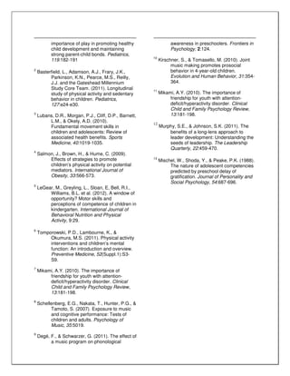 importance of play in promoting healthy
child development and maintaining
strong parent-child bonds. Pediatrics,
119:182-191
2
Basterfield, L., Adamson, A.J., Frary, J.K.,
Parkinson, K.N., Pearce, M.S., Reilly,
J.J. and the Gateshead Millennium
Study Core Team. (2011). Longitudinal
study of physical activity and sedentary
behavior in children. Pediatrics,
127:e24-e30.
3
Lubans, D.R., Morgan, P.J., Cliff, D.P., Barnett,
L.M., & Okely, A.D. (2010).
Fundamental movement skills in
children and adolescents: Review of
associated health benefits. Sports
Medicine, 40:1019-1035.
4
Salmon, J., Brown, H., & Hume, C. (2009).
Effects of strategies to promote
children’s physical activity on potential
mediators. International Journal of
Obesity, 33:566-573.
5
LeGear, M., Greyling, L., Sloan, E, Bell, R.I.,
Williams, B.L. et al. (2012). A window of
opportunity? Motor skills and
perceptions of competence of children in
kindergarten. International Journal of
Behavioral Nutrition and Physical
Activity, 9:29.
6
Tomporowski, P.D., Lambourne, K., &
Okumura, M.S. (2011). Physical activity
interventions and children’s mental
function: An introduction and overview.
Preventive Medicine, 52(Suppl.1):S3-
S9.
7
Mikami, A.Y. (2010). The importance of
friendship for youth with attention-
deficit/hyperactivity disorder. Clinical
Child and Family Psychology Review,
13:181-198.
8
Schellenberg, E.G., Nakata, T., Hunter, P.G., &
Tamoto, S. (2007). Exposure to music
and cognitive performance: Tests of
children and adults. Psychology of
Music, 35:5019.
9
Degé, F., & Schwarzer, G. (2011). The effect of
a music program on phonological
awareness in preschoolers. Frontiers in
Psychology, 2:124.
10
Kirschner, S., & Tomasello, M. (2010). Joint
music making promotes prosocial
behavior in 4-year-old children.
Evolution and Human Behavior, 31:354-
364.
11
Mikami, A.Y. (2010). The importance of
friendship for youth with attention-
deficit/hyperactivity disorder. Clinical
Child and Family Psychology Review,
13:181-198.
12
Murphy, S.E., & Johnson, S.K. (2011). The
benefits of a long-lens approach to
leader development: Understanding the
seeds of leadership. The Leadership
Quarterly, 22:459-470.
13
Mischel, W., Shoda, Y., & Peake, P.K. (1988).
The nature of adolescent competencies
predicted by preschool delay of
gratification. Journal of Personality and
Social Psychology, 54:687-696.
 