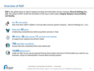 2
Overview of RGF
RGF is the global brand of Japan’s largest recruiting and information service company, Recruit Holdings Co.,
Ltd. The values of RGF remain the foundation of the way it works today: Integrity, Respect, Accountability
and Quality.
No. 4 in the world*
with more than USD11.5billion in annual sales revenue (parent company – Recruit Holdings Co., Ltd.)
More than 50 years
of delivering comprehensive talent acquisition services in Asia
46 offices, 28 cities across 11 countries and markets
to support your regional recruitment needs
700 specialist consultants
across Asia who understand their local market well
15,000 placements**
under our belt, so you can be assured that we know where and how to find the talent you need for you
business, using our sophisticated in-house talent scouting system
* Data: Mitsubishi UFJ; Securities Research from Bloomberg ** Excluding Japan
Confidential ©2015 | RGF HR Agent Vietnam Co., Ltd | | Business License. No. 411043001667 | All Rights Reserved.
 