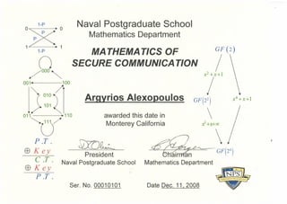 1-P
1-P
n/OOO~
001 100
101
-:011 110
~U
P.T.
E8 Key
C .T .
E8 Key
P .T .
Naval Postgraduate School
Mathematics Department
,
MA THEMA TICS OF
SECURE COMMUNICA TION
Argyrios Alexopoulos
awarded this date in
Monterey California
President
Naval Postgraduate School
"
)
Ser. No. 00010101 Date Dec. 11, 2008
 