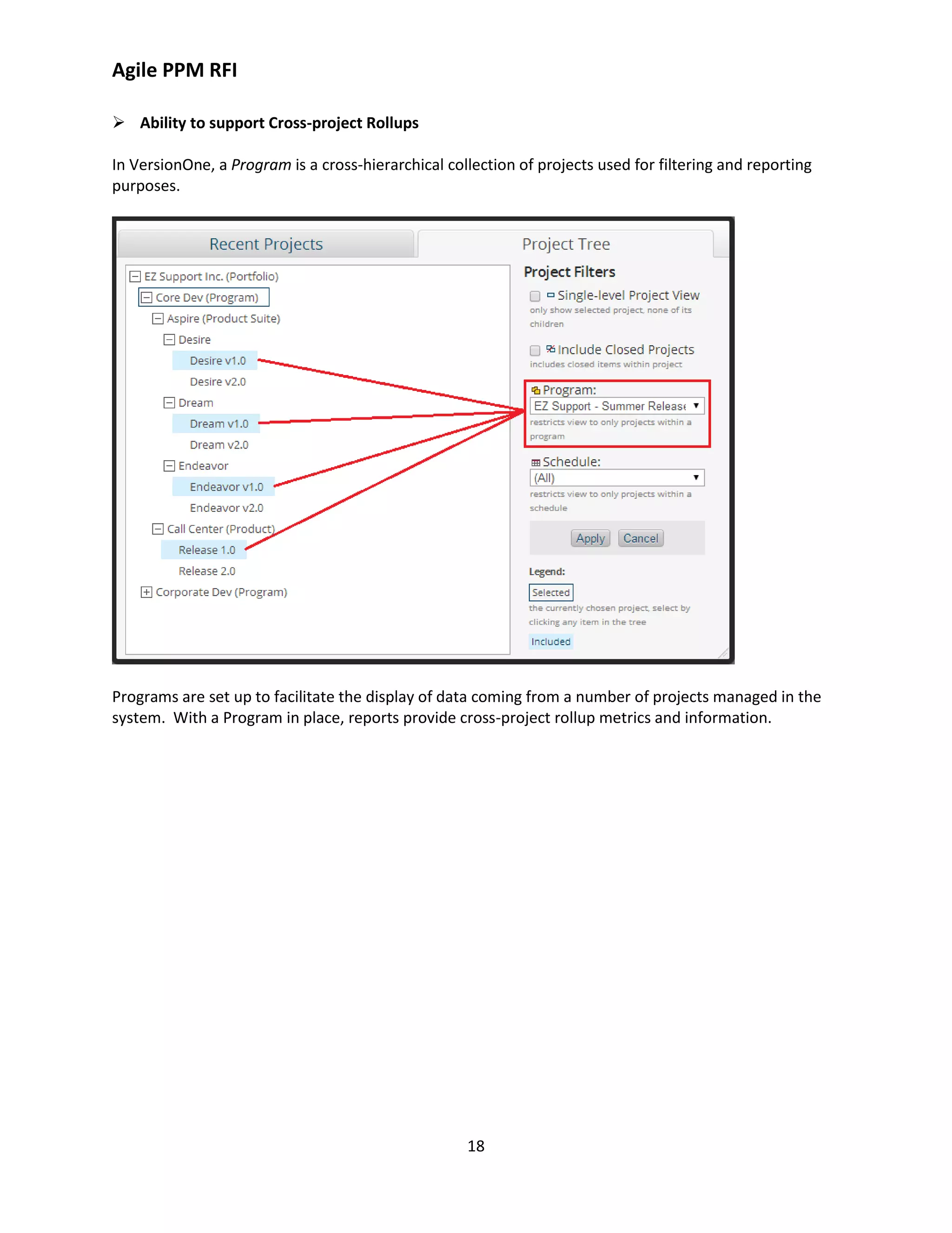 Agile PPM RFI
18
 Ability to support Cross-project Rollups
In VersionOne, a Program is a cross-hierarchical collection of projects used for filtering and reporting
purposes.
Programs are set up to facilitate the display of data coming from a number of projects managed in the
system. With a Program in place, reports provide cross-project rollup metrics and information.
 