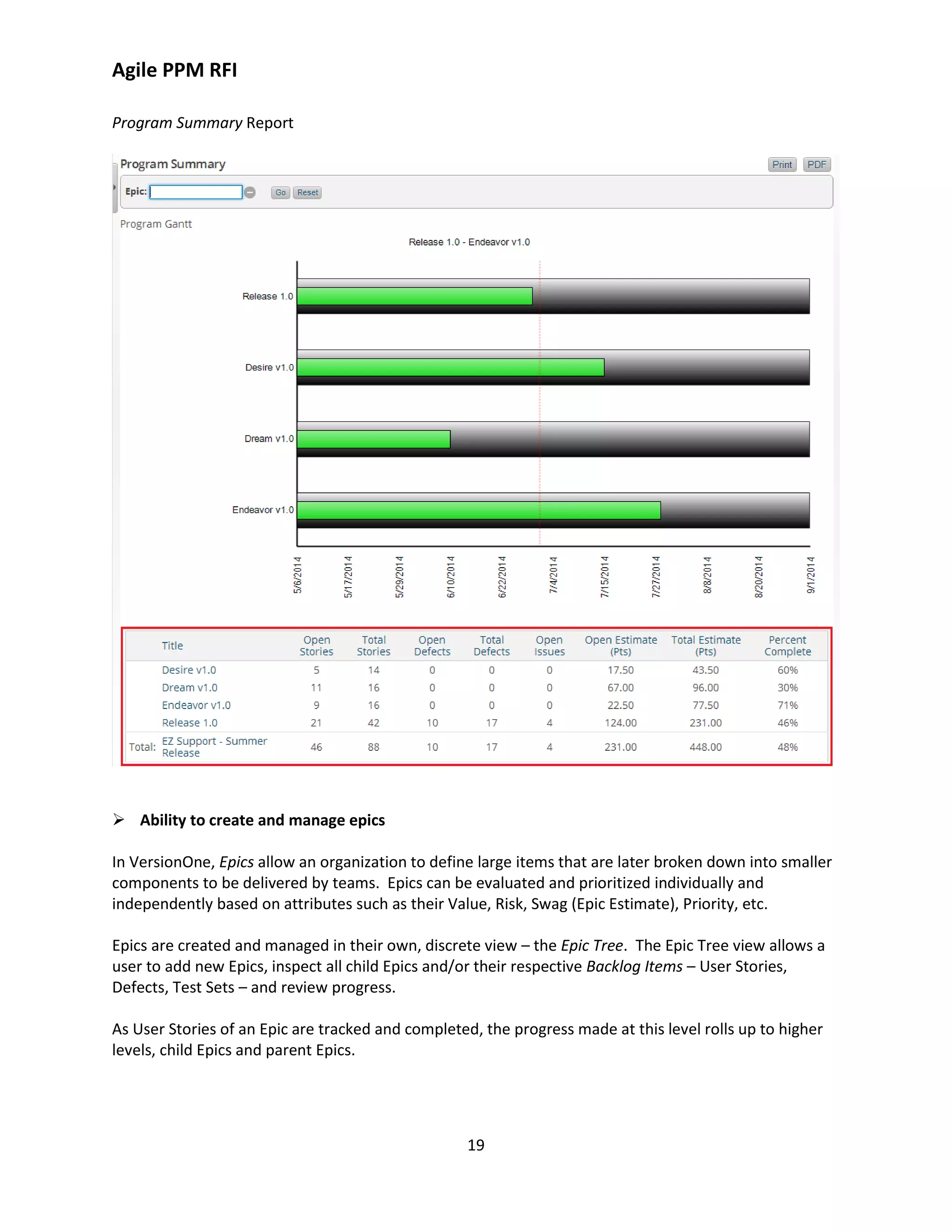 Agile PPM RFI
19
Program Summary Report
 Ability to create and manage epics
In VersionOne, Epics allow an organization to define large items that are later broken down into smaller
components to be delivered by teams. Epics can be evaluated and prioritized individually and
independently based on attributes such as their Value, Risk, Swag (Epic Estimate), Priority, etc.
Epics are created and managed in their own, discrete view – the Epic Tree. The Epic Tree view allows a
user to add new Epics, inspect all child Epics and/or their respective Backlog Items – User Stories,
Defects, Test Sets – and review progress.
As User Stories of an Epic are tracked and completed, the progress made at this level rolls up to higher
levels, child Epics and parent Epics.
 