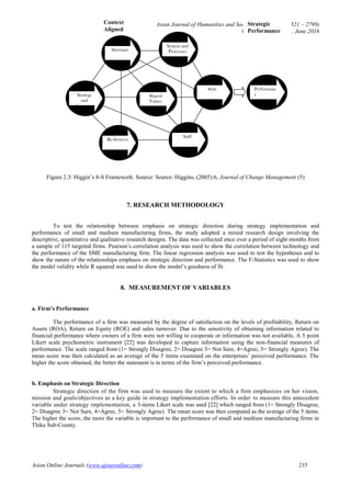 Asian Journal of Humanities and Social Studies (ISSN: 2321 – 2799)
Volume 04 – Issue 03, June 2016
Asian Online Journals (www.ajouronline.com) 235
Figure 2.3: Higgin‟s 8-S Framework: Source: Source: Higgins, (2005):6, Journal of Change Management (5)
7. RESEARCH METHODOLOGY
To test the relationship between emphasis on strategic direction during strategy implementation and
performance of small and medium manufacturing firms, the study adopted a mixed research design involving the
descriptive, quantitative and qualitative research designs. The data was collected once over a period of eight months from
a sample of 115 targeted firms. Pearson‟s correlation analysis was used to show the correlation between technology and
the performance of the SME manufacturing firm. The linear regression analysis was used to test the hypotheses and to
show the nature of the relationships emphasis on strategic direction and performance. The F-Statistics was used to show
the model validity while R squared was used to show the model‟s goodness of fit.
8. MEASUREMENT OF VARIABLES
a. Firm’s Performance
The performance of a firm was measured by the degree of satisfaction on the levels of profitability, Return on
Assets (ROA), Return on Equity (ROE) and sales turnover. Due to the sensitivity of obtaining information related to
financial performance where owners of a firm were not willing to cooperate or information was not available, A 5 point
Likert scale psychometric instrument [22] was developed to capture information using the non-financial measures of
performance. The scale ranged from (1= Strongly Disagree, 2= Disagree 3= Not Sure, 4=Agree, 5= Strongly Agree). The
mean score was then calculated as an average of the 5 items examined on the enterprises‟ perceived performance. The
higher the score obtained, the better the statement is in terms of the firm‟s perceived performance.
b. Emphasis on Strategic Direction
Strategic direction of the firm was used to measure the extent to which a firm emphasizes on her vision,
mission and goals/objectives as a key guide in strategy implementation efforts. In order to measure this antecedent
variable under strategy implementation, a 5-items Likert scale was used [22] which ranged from (1= Strongly Disagree,
2= Disagree 3= Not Sure, 4=Agree, 5= Strongly Agree). The mean score was then computed as the average of the 5 items.
The higher the score, the more the variable is important to the performance of small and medium manufacturing firms in
Thika Sub-County.
Context
Aligned
Strategic
Performance
System and
Processes
Shared
Values
Structure
Style
Staff
Re-Sources
Strategy
and
Purposes
Performanc
e
 