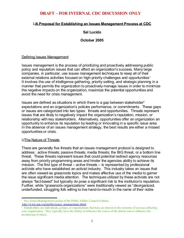 A Proposal For Establishing An Issues Management Process At Cdc