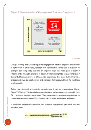 19
Figure 8: The Interaction of Employee and Customer Engagement
TheEconomicsofEngagement
GALLUP, 2005
Gallup’s Fleming and Apslund argue that engagement, whether employee or customer,
is highly local. In other words, variation from store to store (in the case of a retailer, for
example) can swing wildly such that an employer might be a “Best place to Work” in
Phoenix and a miserable employer in Boston. Customers might be engaged and loyal in
Denver but fleeing in droves in Chicago. Not surprisingly, they argue that both forms of
engagement must be locally driven and managers held accountable at the most local
levels possible.
Gallup has introduced a formula to calculate what it calls an organization’s “Human
Sigma” (HS) score. The formula takes each business unit’s mean scores on the G12 and
CE11 and turns them into percentages. Then, depending on whether they are above the
organization’s median score (50) or below it, the HS score is calculated as follows:
If employee engagement percentile and customer engagement percentile are both
above 50, then:
 