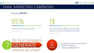 EMAIL MARKETING CAMPAIGNS
Inbound Marketing
• Campaigns Analysis & Optimization
• Platform Integration
• Campaign Management
95%
of online consumers use email
Source: Exact Target
1$
for every $1 spent, $44.25 is the average
return on an email marketing investment
Source: Exact Target
GENERATE?
Do Your Campaigns
revenue per email?
Did you KNOW ?
GET
HELP
WITH:
 