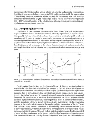 4 1. Introduction
temperature, the CCE is reached with an inﬁnite set of ferrite and austenite compositions.
Condition 2 is the matter balance constraint of CCE and is consistent with the presumption
of a stationary austenite/martensite interface during the partitioning step. This assump-
tion is based on the fact that as Q&P processing is carried out at a relatively low temperature
(350−450 °C), the diffusivities of the substitutional alloying elements are too low to parti-
tion between martensite and austenite.
1.3. Competing Reactions
Condition 2 of CCE has been questioned and many researchers have suggested the
migration of the austenite/martensite interface, either by experiments or by simulations.
Zhong et al.[16] observed that the interfaces of austenite/martensite changed from almost
straight at 480 °C for 3 s to curved structures after increasing the partitioning time to 80 s,
indicating possible movements of iron atoms during the partitioning process. Speer et al.
[17] then examined qualitatively the implications of the mobility of iron atoms at the inter-
face. That is, there will be changes in the volume fraction of austenite and martensite after
the completion of carbon partitioning and repartitioning of carbon atoms might occur as a
result.
Figure 1.4: Schematic tangent intercepts showing ferrite and austenite compositions having equal chemical
potentials for carbon [17].
The theoretical basis for this can be shown in Figure 1.4. Carbon partitioning is con-
sidered to be completed before any interface motion. In the case where the carbon con-
centration in austenite is less than equilibrium (Figure (a)), the iron potential is greater in
austenite than in ferrite, thus creating a driving force for iron atoms to move from austen-
ite to ferrite, indicating an interface migration towards austenite, leading to the growth of
ferrite and the consumption of austenite. In the case where the carbon concentration in
austenite is greater than equilibrium, the iron potential is less in austenite than in ferrite,
and the iron atoms will move from ferrite to austenite, indicating an interface migration
towards ferrite, resulting in the growth of austenite and the consumption of ferrite. There-
fore, the direction of interface movement is controlled by the martensite formation prior
to carbon partitioning, with the phase fractions moving towards their equilibrium values
consistent with the lever rule. Although carbon partitioning is considered to be completed
prior to interface motion due to the greater mobility of carbon atoms at lower tempera-
ture, it should also be noted that any interface movement that occurs will create a need for
 