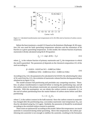 18 3. Results
Figure 3.1: Calculated transformation start temperatures in Fe–2Si–3Mn steel as function of carbon concen-
tration [53].
Before the heat treatment, a model [12] based on the Koistinen-Marburger (K-M) equa-
tion [54] was used for both quenching temperature selection and the estimation of RA
fraction at a given quenching temperature. In this model, the volume fraction of primary
martensite is ﬁrstly calculated using the K-M equation:
fα1
= 1−exp(−β(Ms −Tq)) (3.5)
where fα1
is the volume fraction of primary martensite and Tq the temperature to which
the steel is quenched. The parameters β depends on the chemical composition [51] of the
steel according to:
β = 0.0224−0.0107(wt.%C)−0.0007(wt.%Mn)
−0.00005(wt.%Ni)−0.00012(wt.%Cr)−0.0001(wt.%Mo)
(3.6)
According to Eq. (3.6), the parameter β is calculated to be 0.01816. By substituting the value
of Ms and β into Eq. (3.5), the evolution of martensite volume fraction during quenching is
obtained as in Figure 3.2 (a).
The model assumes full partitioning and precludes any competing reactions. There-
fore, no phase transformation is expected before or during the partitioning step, and all
the carbon atoms in the primary martensite are assumed to partition completely into the
austenite. With this assumption, we can obtain the carbon content in austenite (Cγ) at
the end of carbon partitioning from the matter balance of carbon atoms before and after
partitioning:
Ci = (1− fα1
)Cγ (3.7)
where Ci is the carbon content in the bulk material. Since the carbon content in austenite
has changed after the partitioning step, a secondary martensite-start temperature Ms2 can
thus be calculated using Eq. (3.3) again. Similarly, the parameter β should be recalculated
according to the enriched carbon content in austenite.
There exists an optimum QT according to this model. Below this temperature, too much
austenite is consumed during initial quenching. Above this temperature, the carbon par-
titioning into austenite is not enough to stabilise the austenite, resulting in the formation
 