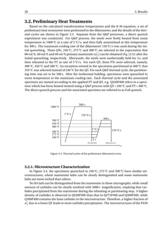 20 3. Results
3.2. Preliminary Heat Treatments
Based on the calculated transformation temperatures and the K-M equation, a set of
preliminary heat treatments were performed in the dilatometer, and the details of the ther-
mal cycles are shown in Figure 3.3. Separate from the Q&P processes, a direct quench
experiment was conducted. For Q&P process, the steels were ﬁrstly heated from room
temperature to 1000 °C at a rate of 5 °C/s, and then fully austenitised at this temperature
for 300 s. The maximum cooling rate of the dilatometer 150 °C/s was used during the ini-
tial quenching. Three QTs, 240 °C, 275 °C and 300 °C are selected in the expectation that
80 vol.%, 60 vol.% and 40 vol.% primary martensite (α1) can be obtained (Eq. (3.5)) after the
initial quenching, respectively. Afterwards, the steels were isothermally held for 3 s, and
then reheated to the PT at rate of 5 °C/s. For each QT, three PTs were selected, namely,
400 °C, 450 °C and 500 °C. An exception existed in the specimens partitioned at 500 °C that
310 °C was selected instead of 240 °C for the QT. For each Q&P thermal cycle, the partition-
ing time was set to be 500 s. After the isothermal holding, specimens were quenched to
room temperature at the maximum cooling rate. Each thermal cycle and the associated
specimen are named according to the applied PT and QT, e.g. Q240P400 refers to a speci-
men which has been heated treated using a Q&P process with QT = 240 °C and PT = 400 °C.
The direct quench process and the associated specimen are referred to as Full quench.
Figure 3.3: Thermal cycles of the preliminary dilatometry tests.
3.2.1. Microstructure Characterization
In Figure 3.4, the specimens quenched to 240 °C, 275 °C and 300 °C have similar mi-
crostructures, where martensite laths can be clearly distinguished and some martensite
laths are more etched than others.
No RA lath can be distinguished from the martensite in these micrographs, while small
amount of carbides can be clearly resolved with 5000× magniﬁcation, implying that car-
bides precipitated from the martensite during the reheating or partitioning step. A higher
density of carbides is observed in Q240P400 than that in Q275P400 and Q300P400, while
Q300P400 contains the least carbides in the microstructure. Therefore, a higher fraction of
α1 due to a lower QT leads to more carbides precipitation. The microstructures of the P450
 