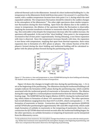 24 3. Results
achieved thermal cycle in the dilatometer. Instead of a short isothermal holding for 5 s, the
temperature in the dilatometer ﬁrstly held from time point 1 for around 2.5 s and then ﬂuc-
tuated, with a sudden temperature increase from time point 2 to 3, during which the steel
expanded suddenly. The temperature ﬂuctuation should be related to the sudden changes
in the atmosphere of the dilatometer.3
The other eight specimens show similar tempera-
ture ﬂuctuations during the short holding. Apart from the dilation due to the sudden in-
crease in temperature, the dilation of the specimen before the ﬂuctuation is observable,
implying the austenite transforms to bainite or martensite directly after the initial quench-
ing. Also noticeable is that despite the temperature decrease after the sudden increase, the
specimen still expanded. At the end of this “short holding” (time point 4), the temperature
increased to that of time point 3 approximately. During reheating, a non-linear expansion
with time is observed. Since the temperature increases linearly with time, the expansion
is non-linear with temperature, implying that apart from thermal expansion, there exists
expansion due to formation of a BCC phase or phases. The volume fraction of the BCC
phase(s) formed during the short holding and isothermal holding will be calculated to-
gether with the phase product formed during the partitioning step later.
Figure 3.7: The strains vs. time and temperature vs. time of Q300P400 during the short holding and reheating.
The dashed-circle area shows a sudden increase of temperature.
Figure 3.8 shows the changes in length with time during the partitioning step. t = 0 s is
set at the beginning of the partitioning. The dilatations during the isothermal holding in all
samples indicate the formation of BCC phase during the partitioning step, which could be
associated with the isothermal growth of martensite or formation of bainite. The dilation
during this stage might be a continued phase transformation from the short holding and re-
heating stage. The Q300P400 had the largest dilation (0.095%) during the isothermal hold-
ing, which relates to formation of about 14% martensite or bainite. The other specimens
had overall dilations ranging from less than 0.01% to 0.04%, which corresponds to ∼ 1−6%
formation of martensite or bainite. Contraction also happened for specimens Q240P450
and Q275P450 after partitioning for approximately 100 s and 200 s respectively, which could
imply formation of carbides in martensite or the tempering of martensite; there is also a
contraction for Q275P500 observed several seconds after the isothermal holding began; for
the other specimens, no carbides formation or tempering of martensite can be interpreted
from the dilatometry curves.
3
In the preliminary heat treatments, the atmosphere changes from helium to vacuum after the initial quench-
ing. Similar heat treatments were repeated but the atmosphere changes at the beginning of partitioning, and
there was a temperature ﬂuctuation observed at the beginning of partitioning.
 