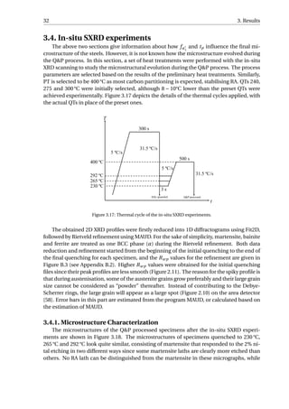 32 3. Results
3.4. In-situ SXRD experiments
The above two sections give information about how fα1
and tp inﬂuence the ﬁnal mi-
crostructure of the steels. However, it is not known how the microstructure evolved during
the Q&P process. In this section, a set of heat treatments were performed with the in-situ
XRD scanning to study the microstructural evolution during the Q&P process. The process
parameters are selected based on the results of the preliminary heat treatments. Similarly,
PT is selected to be 400 °C as most carbon partitioning is expected, stabilising RA. QTs 240,
275 and 300 °C were initially selected, although 8 − 10°C lower than the preset QTs were
achieved experimentally. Figure 3.17 depicts the details of the thermal cycles applied, with
the actual QTs in place of the preset ones.
Figure 3.17: Thermal cycle of the in-situ SXRD experiments.
The obtained 2D XRD proﬁles were ﬁrstly reduced into 1D diffractograms using Fit2D,
followed by Rietveld reﬁnement using MAUD. For the sake of simplicity, martensite, bainite
and ferrite are treated as one BCC phase (α) during the Rietveld reﬁnement. Both data
reduction and reﬁnement started from the beginning of the initial quenching to the end of
the ﬁnal quenching for each specimen, and the Rwp values for the reﬁnement are given in
Figure B.3 (see Appendix B.2). Higher Rwp values were obtained for the initial quenching
ﬁles since their peak proﬁles are less smooth (Figure 2.11). The reason for the spiky proﬁle is
that during austenisation, some of the austenite grains grow preferably and their large grain
size cannot be considered as “powder” thereafter. Instead of contributing to the Debye-
Scherrer rings, the large grain will appear as a large spot (Figure 2.10) on the area detector
[58]. Error bars in this part are estimated from the program MAUD, or calculated based on
the estimation of MAUD.
3.4.1. Microstructure Characterization
The microstructures of the Q&P processed specimens after the in-situ SXRD experi-
ments are shown in Figure 3.18. The microstructures of specimens quenched to 230 °C,
265 °C and 292 °C look quite similar, consisting of martensite that responded to the 2% ni-
tal etching in two different ways since some martensite laths are clearly more etched than
others. No RA lath can be distinguished from the martensite in these micrographs, while
 