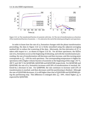 3.4. In-situ SXRD experiments 45
Figure 3.32: (a) The transformed fraction of austenite with time. (b) The rate of transformation as a function
of the transformed fraction of austenite. t = 0 is selected at the end of the initial quenching for each specimen.
In order to know how the rate of α2 formation changes with the phase transformation
proceeding, the data in Figure 3.32 (a) is ﬁrstly smoothed using the adjacent-averaging
method [62] to reduce the scattering of the data. Afterwards, the ﬁrst derivative of f n
α2
is
taken with respect to t, as shown in Figure 3.32 (b). For all three specimens, the fastest
rate of α2 formation occurs at the beginning of reheating, and with the transformation pro-
ceeding, the rate of transformation will decrease and then increase, and this turning point
corresponds to f n
α2
= 10% for each specimen. The corresponding temperature is higher for
specimens with a higher volume fraction of austenite at the beginning of this stage: 247 °C,
289 °C and 302 °C for Q230P400, Q265P400 and Q292P400 respectively. For Q230P400 and
Q265P400, the rate of α2 formation increases until 20% of transformation is reached, fol-
lowed by a decrease in rate. For Q300P400, the rate continues to increase until 25% of
transformation is reached, and then decreases until the partitioning is ﬁnished. Although
the rate of Q292P400 decreases, it is still higher than that of Q265P400 and Q230P400 dur-
ing the partitioning step. This difference is enlarged after f n
α2
= 30%, where higher f n
α2
is
expected for Q292P400.
 