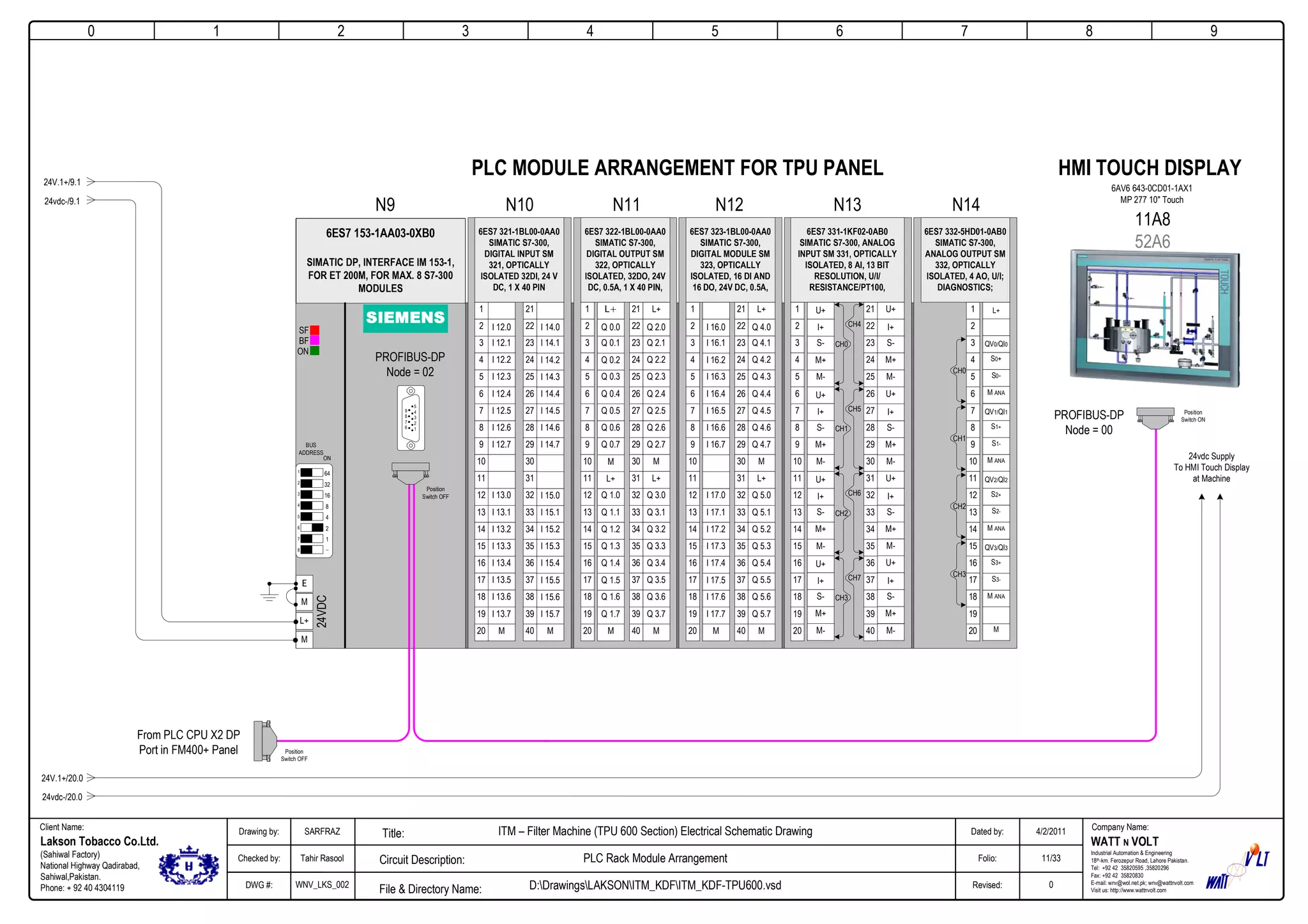 24VDC
6ES7 153-1AA03-0XB0
SIMATIC DP, INTERFACE IM 153-1,
FOR ET 200M, FOR MAX. 8 S7-300
MODULES
PLC MODULE ARRANGEMENT FOR TPU PANEL
I 12.0
I 12.1
I 12.2
I 12.3
I 12.4
I 12.5
I 12.6
I 12.7
I 13.0
I 13.1
I 13.2
I 13.3
I 13.4
I 13.5
I 13.6
I 13.7
M
1
2
3
4
5
6
7
8
9
10
11
12
13
14
15
16
17
18
19
20
21
22
23
24
25
26
27
28
29
30
31
32
33
34
35
36
37
38
39
40
6ES7 321-1BL00-0AA0
SIMATIC S7-300,
DIGITAL INPUT SM
321, OPTICALLY
ISOLATED 32DI, 24 V
DC, 1 X 40 PIN
I 14.0
I 14.1
I 14.2
I 14.3
I 14.4
I 14.5
I 14.6
I 14.7
I 15.0
I 15.1
I 15.2
I 15.3
I 15.4
I 15.5
I 15.6
I 15.7
M
0
Company Name:Client Name:
WATT N VOLT
Industrial Automation & Engineering
18th-km. Ferozepur Road, Lahore Pakistan.
Tel: +92 42 35820595 ,35820296
Fax: +92 42 35820830
E-mail: wnv@wol.net.pk; wnv@wattnvolt.com
Visit us: http://www.wattnvolt.com
Lakson Tobacco Co.Ltd.
(Sahiwal Factory)
National Highway Qadirabad,
Sahiwal,Pakistan.
Phone: + 92 40 4304119
Dated by:
Folio:
Revised:
4/2/2011
11/33
0
Drawing by:
Checked by:
DWG #:
SARFRAZ
Tahir Rasool
WNV_LKS_002
ITM – Filter Machine (TPU 600 Section) Electrical Schematic Drawing
PLC Rack Module Arrangement
D:DrawingsLAKSONITM_KDFITM_KDF-TPU600.vsdFile & Directory Name:
Circuit Description:
Title:
1 2 3 4 5 6 7 8 9
M
L+
E
PROFIBUS-DP
Node = 02
ON
BUS
ADDRESS
64
32
16
8
4
2
1
_
M
SF
BF
ON
1
2
3
4
5
6
7
8
9
10
11
12
13
14
15
16
17
18
19
20
L+
Q 2.0
Q 2.1
Q 2.2
Q 2.3
Q 2.4
Q 2.5
Q 2.6
Q 2.7
M
L+
Q 3.0
Q 3.1
Q 3.2
Q 3.3
Q 3.4
Q 3.5
Q 3.6
Q 3.7
M
21
22
23
24
25
26
27
28
29
30
31
32
33
34
35
36
37
38
39
40
6ES7 322-1BL00-0AA0
SIMATIC S7-300,
DIGITAL OUTPUT SM
322, OPTICALLY
ISOLATED, 32DO, 24V
DC, 0.5A, 1 X 40 PIN,
L+
Q 0.0
Q 0.1
Q 0.2
Q 0.3
Q 0.4
Q 0.5
Q 0.6
Q 0.7
M
L+
Q 1.0
Q 1.1
Q 1.2
Q 1.3
Q 1.4
Q 1.5
Q 1.6
Q 1.7
M
1
2
3
4
5
6
7
8
1
2
3
4
5
6
7
8
9
10
11
12
13
14
15
16
17
18
19
20
L+
Q 4.0
Q 4.1
Q 4.2
Q 4.3
Q 4.4
Q 4.5
Q 4.6
Q 4.7
M
L+
Q 5.0
Q 5.1
Q 5.2
Q 5.3
Q 5.4
Q 5.5
Q 5.6
Q 5.7
M
21
22
23
24
25
26
27
28
29
30
31
32
33
34
35
36
37
38
39
40
6ES7 323-1BL00-0AA0
SIMATIC S7-300,
DIGITAL MODULE SM
323, OPTICALLY
ISOLATED, 16 DI AND
16 DO, 24V DC, 0.5A,
I 16.0
I 16.1
I 16.2
I 16.3
I 16.4
I 16.5
I 16.6
I 16.7
I 17.0
I 17.1
I 17.2
I 17.3
I 17.4
I 17.5
I 17.6
I 17.7
M
1
2
3
4
5
6
7
8
9
10
11
12
13
14
15
16
17
18
19
20
21
22
23
24
25
26
27
28
29
30
31
32
33
34
35
36
37
38
39
40
6ES7 331-1KF02-0AB0
SIMATIC S7-300, ANALOG
INPUT SM 331, OPTICALLY
ISOLATED, 8 AI, 13 BIT
RESOLUTION, U/I/
RESISTANCE/PT100,
U+
I+
S-
M+
M-
CH0
U+
I+
S-
M+
M-
CH1
U+
I+
S-
M+
M-
CH2
U+
I+
S-
M+
M-
CH3
U+
I+
S-
M+
M-
CH4
U+
I+
S-
M+
M-
CH5
U+
I+
S-
M+
M-
CH6
U+
I+
S-
M+
M-
CH7
N9 N11 N12 N13 N14N10
1
2
3
4
5
6
7
8
9
10
11
12
13
14
15
16
17
18
19
20
6ES7 332-5HD01-0AB0
SIMATIC S7-300,
ANALOG OUTPUT SM
332, OPTICALLY
ISOLATED, 4 AO, U/I;
DIAGNOSTICS;
L+
QV0/QI0
S0+
S0-
M ANA
CH0
M
QV1/QI1
S1+
S1-
M ANA
CH1
QV2/QI2
S2+
S2-
M ANA
CH2
QV3/QI3
S3+
S3-
M ANA
CH3
From PLC CPU X2 DP
Port in FM400+ Panel
24V.1+/9.1
24vdc-/9.1
9
8
7
6
5
4
3
2
1
11A8
52A6
HMI TOUCH DISPLAY
24vdc Supply
To HMI Touch Display
at Machine
PROFIBUS-DP
Node = 00
24V.1+/20.0
24vdc-/20.0
6AV6 643-0CD01-1AX1
MP 277 10" Touch
Position
Switch OFF
Position
Switch OFF
Position
Switch ON
 