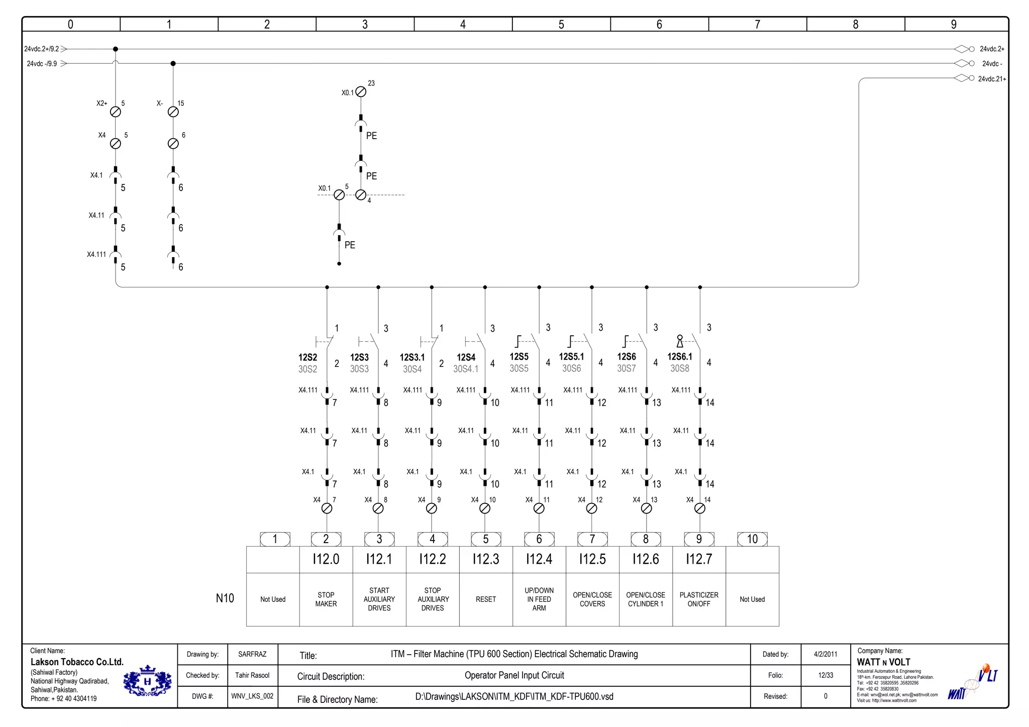 0
Company Name:Client Name:
WATT N VOLT
Industrial Automation & Engineering
18th-km. Ferozepur Road, Lahore Pakistan.
Tel: +92 42 35820595 ,35820296
Fax: +92 42 35820830
E-mail: wnv@wol.net.pk; wnv@wattnvolt.com
Visit us: http://www.wattnvolt.com
Lakson Tobacco Co.Ltd.
(Sahiwal Factory)
National Highway Qadirabad,
Sahiwal,Pakistan.
Phone: + 92 40 4304119
Dated by:
Folio:
Revised:
4/2/2011
12/33
0
Drawing by:
Checked by:
DWG #:
SARFRAZ
Tahir Rasool
WNV_LKS_002
ITM – Filter Machine (TPU 600 Section) Electrical Schematic Drawing
Operator Panel Input Circuit
D:DrawingsLAKSONITM_KDFITM_KDF-TPU600.vsdFile & Directory Name:
Circuit Description:
Title:
1 2 3 4 5 6 7 8 9
24vdc.2+24vdc.2+/9.2
15X-
6
6
6
2 3 4 5 6 7 8 9
I12.0 I12.1 I12.2 I12.3 I12.4 I12.5 I12.6 I12.7
Not Used
STOP
MAKER
START
AUXILIARY
DRIVES
STOP
AUXILIARY
DRIVES
RESET
UP/DOWN
IN FEED
ARM
OPEN/CLOSE
COVERS
PLASTICIZER
ON/OFF
OPEN/CLOSE
CYLINDER 1
Not Used
101
6
24vdc -24vdc -/9.9
5X2+
5
5X4
X4.1
5
X4.11
5
X4.111
24vdc.21+
PE
23
PE
PE
X0.1
X0.1
4
5
7X4
7
X4.1
7
X4.11
7
X4.111
12S2
30S2
1
2
9X4
9
X4.1
9
X4.11
9
X4.111
12S3.1
30S4
1
2
12S3
30S3
3
4
8X4
8
X4.1
8
X4.11
8
X4.111
12S4
30S4.1
3
4
10X4
10
X4.1
10
X4.11
10
X4.111
11X4
11
X4.1
11
X4.11
11
X4.111
12S5
30S5
3
4
12X4
12
X4.1
12
X4.11
12
X4.111
12S5.1
30S6
3
4
13X4
13
X4.1
13
X4.11
13
X4.111
12S6
30S7
3
4
14X4
14
X4.1
14
X4.11
14
X4.111
N10
12S6.1
30S8
3
4
 