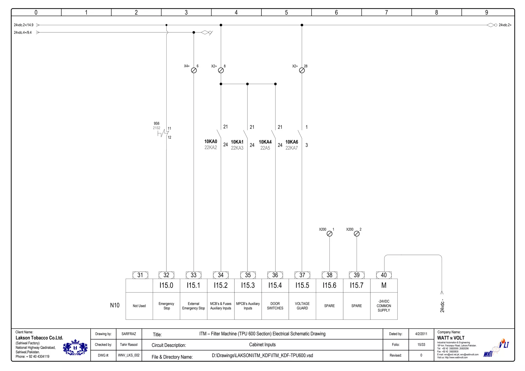 0
Company Name:Client Name:
WATT N VOLT
Industrial Automation & Engineering
18th-km. Ferozepur Road, Lahore Pakistan.
Tel: +92 42 35820595 ,35820296
Fax: +92 42 35820830
E-mail: wnv@wol.net.pk; wnv@wattnvolt.com
Visit us: http://www.wattnvolt.com
Lakson Tobacco Co.Ltd.
(Sahiwal Factory)
National Highway Qadirabad,
Sahiwal,Pakistan.
Phone: + 92 40 4304119
Dated by:
Folio:
Revised:
4/2/2011
15/33
0
Drawing by:
Checked by:
DWG #:
SARFRAZ
Tahir Rasool
WNV_LKS_002
ITM – Filter Machine (TPU 600 Section) Electrical Schematic Drawing
Cabinet Inputs
D:DrawingsLAKSONITM_KDFITM_KDF-TPU600.vsdFile & Directory Name:
Circuit Description:
Title:
1 2 3 4 5 6 7 8 9
24vdc.2+/14.9
32 33 34 35 36 37 38 39
I15.0 I15.1 I15.2 I15.3 I15.4 I15.5 I15.6 I15.7
Not Used
Emergency
Stop
External
Emergency Stop
MCB’s & Fuses
Auxiliary Inputs
MPCB’s Auxiliary
Inputs
DOOR
SWITCHES
VOLTAGE
GUARD
SPARESPARE
-24VDC
COMMON
SUPPLY
40
M
31
24vdc.4+/9.4
24vdc-
N10
24vdc.2+
8X2+6X4+
21
24
10KA0
22KA2
21
24
10KA1
22KA3
21
24
10KA4
22A5
1
3
10KA6
22KA7
28X2+
9S6
21S2 11
12
1X200 2X200
 