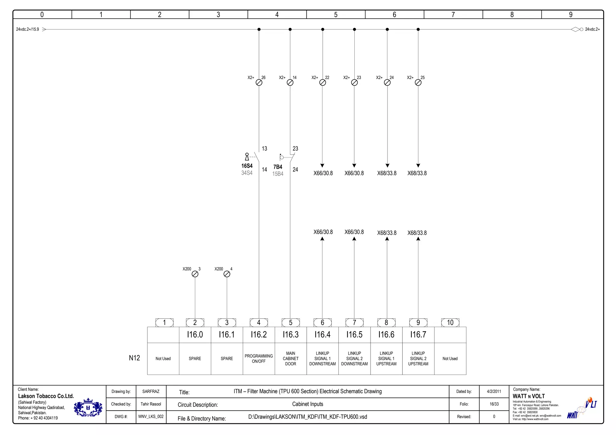 0
Company Name:Client Name:
WATT N VOLT
Industrial Automation & Engineering
18th-km. Ferozepur Road, Lahore Pakistan.
Tel: +92 42 35820595 ,35820296
Fax: +92 42 35820830
E-mail: wnv@wol.net.pk; wnv@wattnvolt.com
Visit us: http://www.wattnvolt.com
Lakson Tobacco Co.Ltd.
(Sahiwal Factory)
National Highway Qadirabad,
Sahiwal,Pakistan.
Phone: + 92 40 4304119
Dated by:
Folio:
Revised:
4/2/2011
16/33
0
Drawing by:
Checked by:
DWG #:
SARFRAZ
Tahir Rasool
WNV_LKS_002
ITM – Filter Machine (TPU 600 Section) Electrical Schematic Drawing
Cabinet Inputs
D:DrawingsLAKSONITM_KDFITM_KDF-TPU600.vsdFile & Directory Name:
Circuit Description:
Title:
1 2 3 4 5 6 7 8 9
24vdc.2+/15.9
2 3 4 5 6 7 88 9
I16.0 I16.1 I16.2 I16.3 I16.4 I16.5 I16.6 I16.7
Not Used SPARE SPARE
PROGRAMMING
ON/OFF
MAIN
CABINET
DOOR
LINKUP
SIGNAL 1
DOWNSTREAM
LINKUP
SIGNAL 2
DOWNSTREAM
LINKUP
SIGNAL 2
UPSTREAM
LINKUP
SIGNAL 1
UPSTREAM
Not Used
101
N12
24vdc.2+
26X2+
16S4
34S4
13
14 7B4
15B4
23
24
14X2+ 22X2+ 23X2+ 24X2+ 25X2+
X66/30.8 X66/30.8
X66/30.8 X66/30.8
X68/33.8 X68/33.8
X68/33.8X68/33.8
3X200 4X200
 