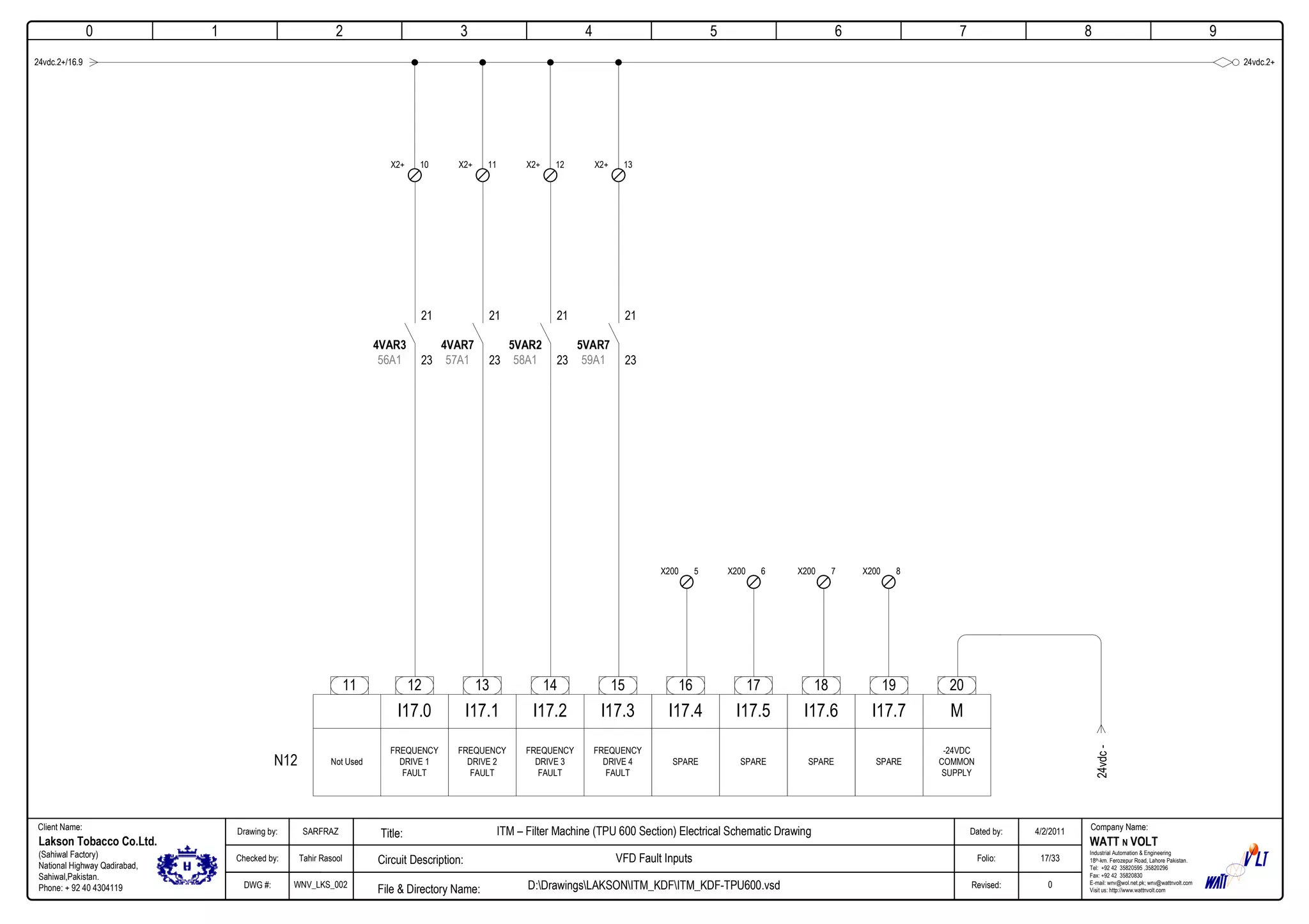 0
Company Name:Client Name:
WATT N VOLT
Industrial Automation & Engineering
18th-km. Ferozepur Road, Lahore Pakistan.
Tel: +92 42 35820595 ,35820296
Fax: +92 42 35820830
E-mail: wnv@wol.net.pk; wnv@wattnvolt.com
Visit us: http://www.wattnvolt.com
Lakson Tobacco Co.Ltd.
(Sahiwal Factory)
National Highway Qadirabad,
Sahiwal,Pakistan.
Phone: + 92 40 4304119
Dated by:
Folio:
Revised:
4/2/2011
17/33
0
Drawing by:
Checked by:
DWG #:
SARFRAZ
Tahir Rasool
WNV_LKS_002
ITM – Filter Machine (TPU 600 Section) Electrical Schematic Drawing
VFD Fault Inputs
D:DrawingsLAKSONITM_KDFITM_KDF-TPU600.vsdFile & Directory Name:
Circuit Description:
Title:
1 2 3 4 5 6 7 8 9
24vdc.2+/16.9
12 13 14 15 16 17 818 19
I17.0 I17.1 I17.2 I17.3 I17.4 I17.5 I17.6 I17.7
Not Used
FREQUENCY
DRIVE 1
FAULT
FREQUENCY
DRIVE 2
FAULT
FREQUENCY
DRIVE 3
FAULT
FREQUENCY
DRIVE 4
FAULT
SPARE SPARE SPARESPARE
-24VDC
COMMON
SUPPLY
20
M
11
24vdc-
N12
24vdc.2+
10X2+
21
23
4VAR3
56A1
11X2+
21
23
4VAR7
57A1
12X2+
21
23
5VAR2
58A1
13X2+
21
23
5VAR7
59A1
5X200 6X200 7X200 8X200
 
