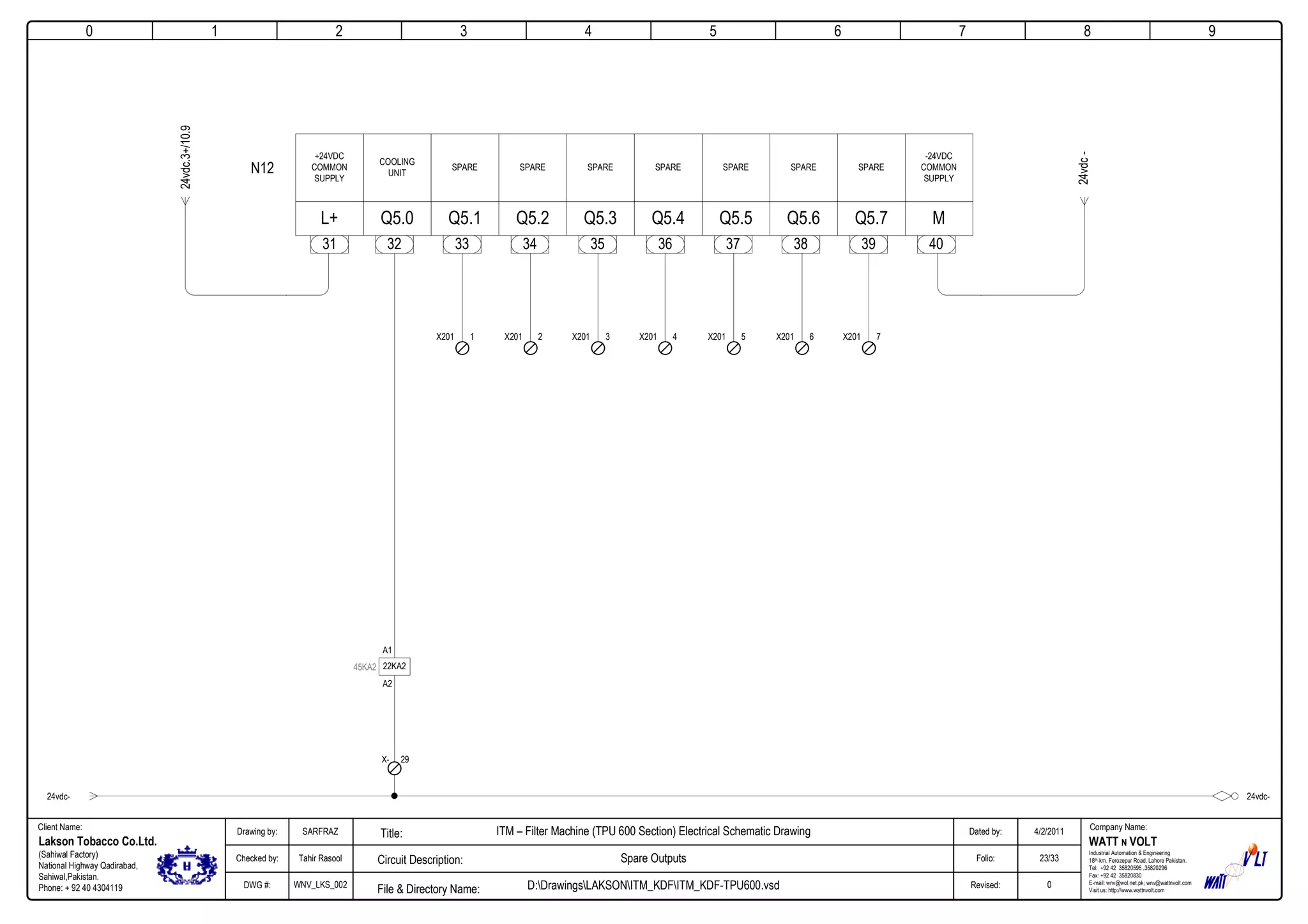 0
Company Name:Client Name:
WATT N VOLT
Industrial Automation & Engineering
18th-km. Ferozepur Road, Lahore Pakistan.
Tel: +92 42 35820595 ,35820296
Fax: +92 42 35820830
E-mail: wnv@wol.net.pk; wnv@wattnvolt.com
Visit us: http://www.wattnvolt.com
Lakson Tobacco Co.Ltd.
(Sahiwal Factory)
National Highway Qadirabad,
Sahiwal,Pakistan.
Phone: + 92 40 4304119
Dated by:
Folio:
Revised:
4/2/2011
23/33
0
Drawing by:
Checked by:
DWG #:
SARFRAZ
Tahir Rasool
WNV_LKS_002
ITM – Filter Machine (TPU 600 Section) Electrical Schematic Drawing
Spare Outputs
D:DrawingsLAKSONITM_KDFITM_KDF-TPU600.vsdFile & Directory Name:
Circuit Description:
Title:
1 2 3 4 5 6 7 8 9
32 33 34 35 36 37 838 39
MQ5.7Q5.6Q5.5Q5.4Q5.3Q5.2Q5.1Q5.0
-24VDC
COMMON
SUPPLY
SPARESPARESPARESPARESPARESPARE
COOLING
UNIT
SPARE
+24VDC
COMMON
SUPPLY
40
L+
31
N12
24vdc.3+/10.9
24vdc-
24vdc- 24vdc-
29X-
22KA2
A1
A2
45KA2
1X201 2X201 3X201 4X201 5X201 6X201 7X201
 