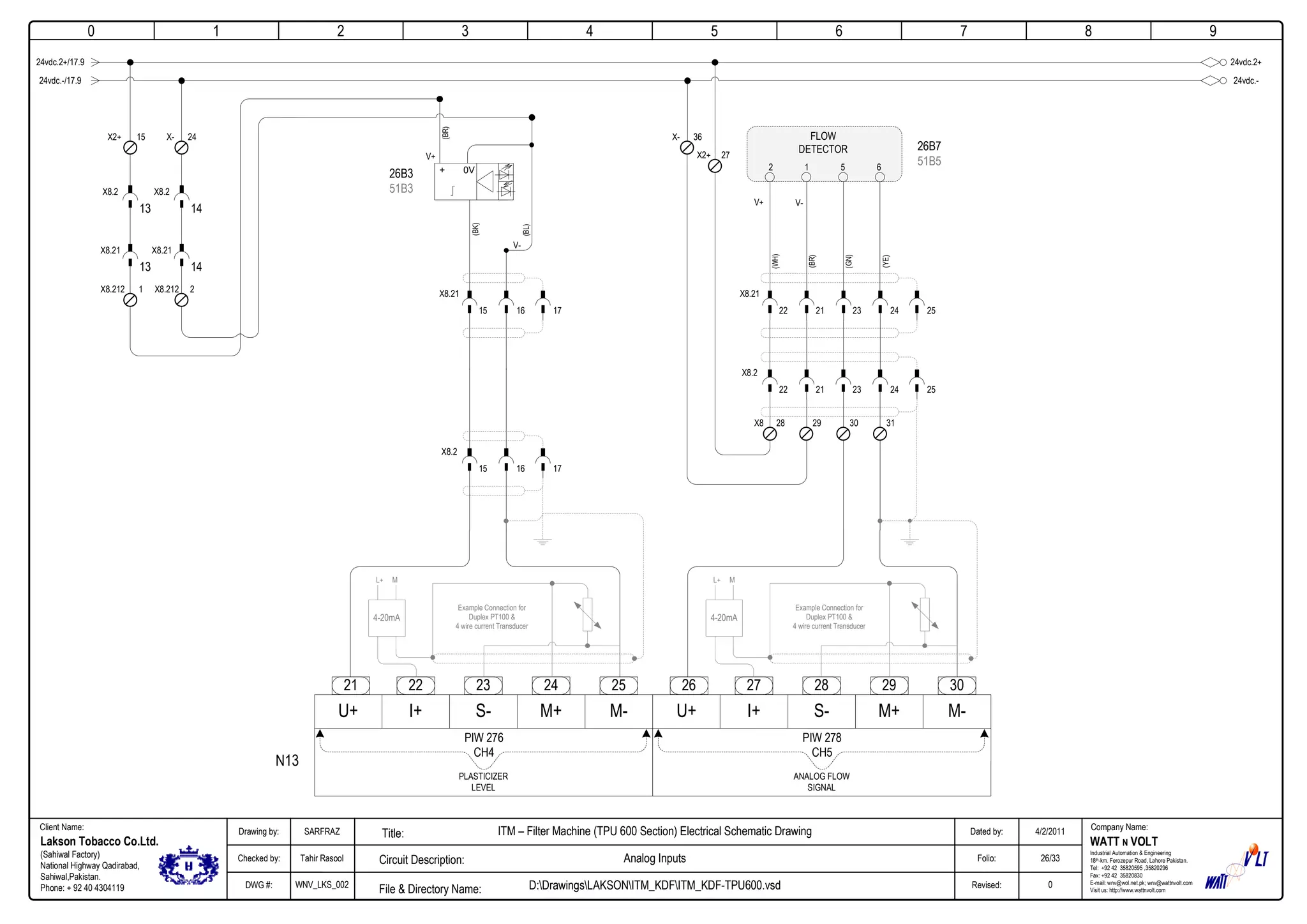 0
Company Name:Client Name:
WATT N VOLT
Industrial Automation & Engineering
18th-km. Ferozepur Road, Lahore Pakistan.
Tel: +92 42 35820595 ,35820296
Fax: +92 42 35820830
E-mail: wnv@wol.net.pk; wnv@wattnvolt.com
Visit us: http://www.wattnvolt.com
Lakson Tobacco Co.Ltd.
(Sahiwal Factory)
National Highway Qadirabad,
Sahiwal,Pakistan.
Phone: + 92 40 4304119
Dated by:
Folio:
Revised:
4/2/2011
26/33
0
Drawing by:
Checked by:
DWG #:
SARFRAZ
Tahir Rasool
WNV_LKS_002
ITM – Filter Machine (TPU 600 Section) Electrical Schematic Drawing
Analog Inputs
D:DrawingsLAKSONITM_KDFITM_KDF-TPU600.vsdFile & Directory Name:
Circuit Description:
Title:
1 2 3 4 5 6 7 8 9
24vdc.2+/17.9
N13
24vdc.-/17.9
13
X8.2
13
X8.21
14
X8.2
14
X8.21
22 23 24 25
U+ I+ S- M+ M-
21
PIW 276
CH4
PLASTICIZER
LEVEL
27 28 29 30
U+ I+ S- M+ M-
26
PIW 278
CH5
ANALOG FLOW
SIGNAL
(BK)
V+
V-
(BL)
15
X8.21
16 17
15
X8.2
16 17
26B3
51B3
Example Connection for
Duplex PT100 &
4 wire current Transducer
4-20mA
L+ M
(BR)
V+ V-
(GN)
26B7
51B5
Example Connection for
Duplex PT100 &
4 wire current Transducer
4-20mA
L+ M
0V+
(BR)
24vdc.2+
24vdc.-
X2+ 15 X- 24
X8.212 2X8.212 1
FLOW
DETECTOR
X- 36
X2+ 27
2 1 5 6
23 24 252122
X8.21
23 24 252122
X8.2
X8 28 29 30 31
(YE)
(WH)
 