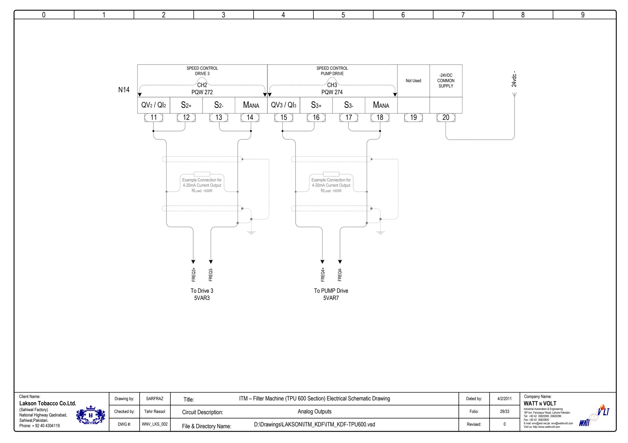 0
Company Name:Client Name:
WATT N VOLT
Industrial Automation & Engineering
18th-km. Ferozepur Road, Lahore Pakistan.
Tel: +92 42 35820595 ,35820296
Fax: +92 42 35820830
E-mail: wnv@wol.net.pk; wnv@wattnvolt.com
Visit us: http://www.wattnvolt.com
Lakson Tobacco Co.Ltd.
(Sahiwal Factory)
National Highway Qadirabad,
Sahiwal,Pakistan.
Phone: + 92 40 4304119
Dated by:
Folio:
Revised:
4/2/2011
29/33
0
Drawing by:
Checked by:
DWG #:
SARFRAZ
Tahir Rasool
WNV_LKS_002
ITM – Filter Machine (TPU 600 Section) Electrical Schematic Drawing
Analog Outputs
D:DrawingsLAKSONITM_KDFITM_KDF-TPU600.vsdFile & Directory Name:
Circuit Description:
Title:
1 2 3 4 5 6 7 8 9
Not Used
19
24vdc-
-24VDC
COMMON
SUPPLY
20131211
MANAS2-S2+QV2 / QI2
14
CH2
PQW 272
SPEED CONTROL
DRIVE 3
171615
MANAS3-S3+QV3 / QI3
18
CH3
PQW 274
SPEED CONTROL
PUMP DRIVE
Example Connection for
4-20mA Current Output
RLoad <500R
FREQ3+
FREQ3-
To Drive 3
5VAR3
Example Connection for
4-20mA Current Output
RLoad <500R
FREQ4+
FREQ4-
To PUMP Drive
5VAR7
N14
 