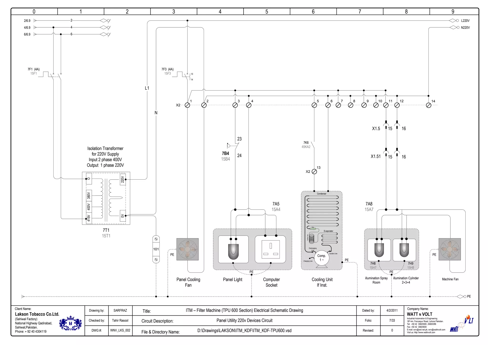 0
Company Name:Client Name:
WATT N VOLT
Industrial Automation & Engineering
18th-km. Ferozepur Road, Lahore Pakistan.
Tel: +92 42 35820595 ,35820296
Fax: +92 42 35820830
E-mail: wnv@wol.net.pk; wnv@wattnvolt.com
Visit us: http://www.wattnvolt.com
Lakson Tobacco Co.Ltd.
(Sahiwal Factory)
National Highway Qadirabad,
Sahiwal,Pakistan.
Phone: + 92 40 4304119
Dated by:
Folio:
Revised:
4/2/2011
7/33
0
Drawing by:
Checked by:
DWG #:
SARFRAZ
Tahir Rasool
WNV_LKS_002
ITM – Filter Machine (TPU 600 Section) Electrical Schematic Drawing
Panel Utility 220v Devices Circuit
D:DrawingsLAKSONITM_KDFITM_KDF-TPU600.vsdFile & Directory Name:
Circuit Description:
Title:
1 2 3 4 5 6 7 8 9
2
6
4
2/6.9
4/6.9
6/6.9
7F1 (4A)
15F1
O380V400V415V
0V220V
Isolation Transformer
for 220V Supply
Input 2 phase 400V
Output 1 phase 220V
L220V
N220V
L1
N
7T1
15T1
101
7F3 (4A)
15F3
1 2 3 4 5 6 7 8
PE
9 10 11 12 14
Panel Cooling
Fan
Panel Light Computer
Socket
7A5
15A4
PE
Comp.
1 ~Charging Line
Discharging
Line
Suction Line
Condenser
Evaporator
CapillaryTube
Filter
PE
PE
Cooling Unit
If Inst.
13
X2
X2
7K6
45KA2
Machine Fanillumination Spray
Room
PE
PE
15 16
15 16
X1.5
X1.51
7A8
15A7
illumination Cylinder
2+3+4
7H8
15H7
7H9
15H8
13
14
7B4
15B4
23
24
 